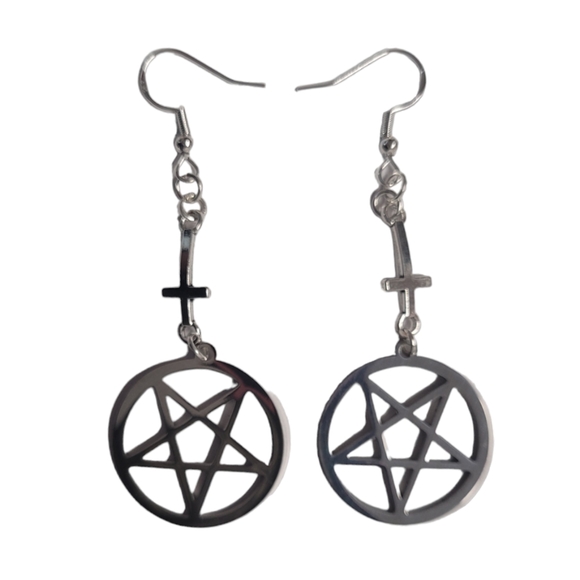 Hand-Crafted Inverted Cross & Pentagram Earrings - Picture 3 of 4
